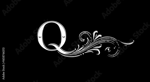 Ornate white capital letter Q with an elegant sweeping floral flourish and intricate calligraphic swirls.