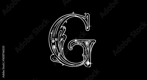 Ornate white letter G with decorative flourishes sparkling diamonds and elegant swirls.