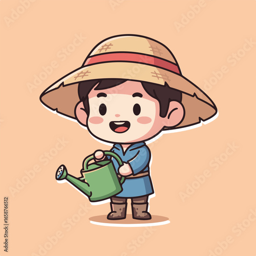 A cute cartoon farmer boy with a watering can and hat, standing in a garden, a charming illustration of a child enjoying gardening and agriculture