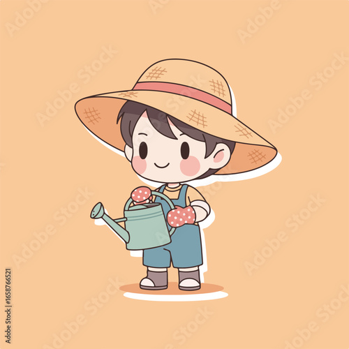 A cute cartoon gardener boy in hat holding a watering can, standing and smiling cheerfully, a vector illustration on a light orange background
