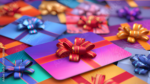 Colorful pile ribbon bow decorated holiday gift cards design concept background