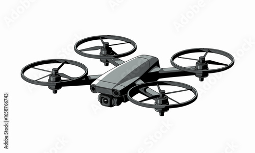 Gray drone with four propellers and camera for aerial photography and videography in a vector design, offering modern technological advancement