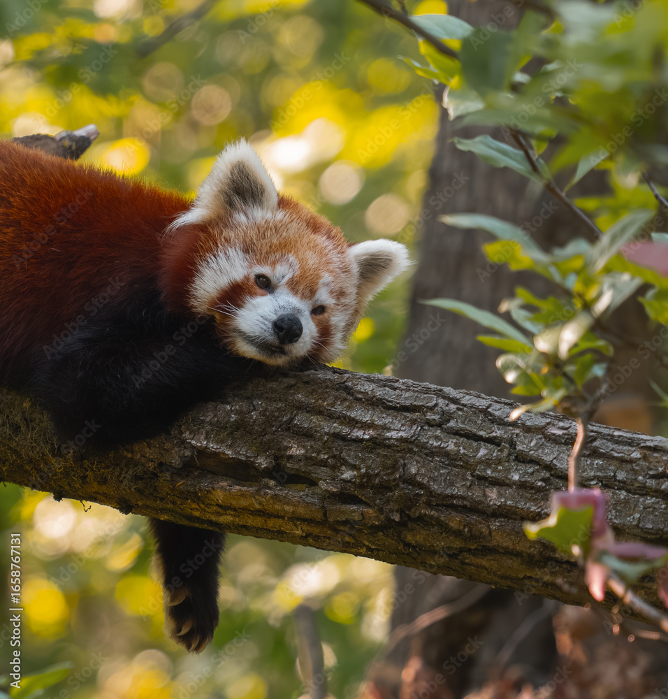 Obraz premium A red panda is sleeping on a tree branch, its head resting on its paws with another animal visible behind it.