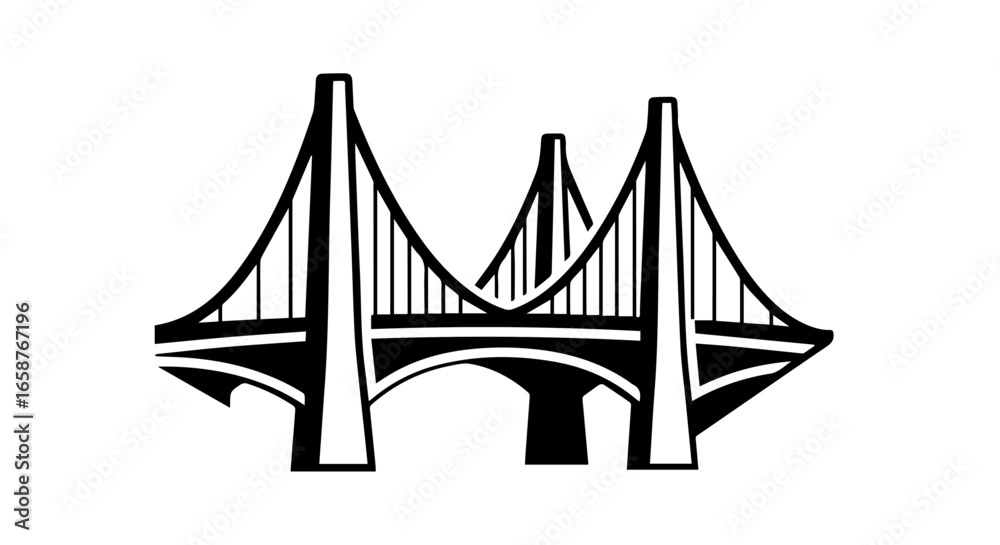 Obraz premium Stylized black and white graphic icon of a threetower suspension bridge.