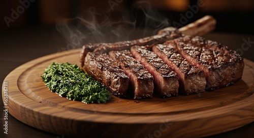 Delicious Juicy Tomahawk Steak Cut Sliced With Green Chimichurri Sauce Isolated on Transparent Background