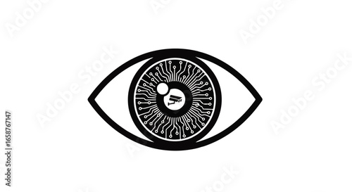 Stylized bionic eye icon with a circuit board iris and a surveillance camera pupil.