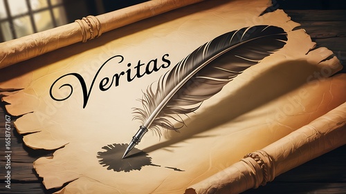 Veritas Feather Quill and Ink Blot on Old Scroll image
