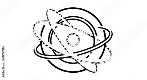 Stylized black and white atomic symbol with intersecting elliptical orbits and a central nucleus.