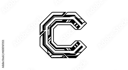 Stylized black letter C with a futuristic angular design and intricate mechanical details.
