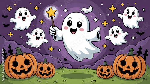 Whimsical Halloween night with ghosts pumpkins and moon