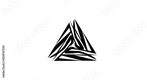 Stylized black triangular emblem with aggressive fragmented shardlike lines creating a dynamic abstract symbol.