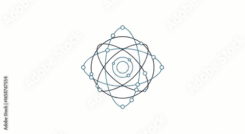 Stylized blue and black atomic model with a central nucleus and orbiting electrons.