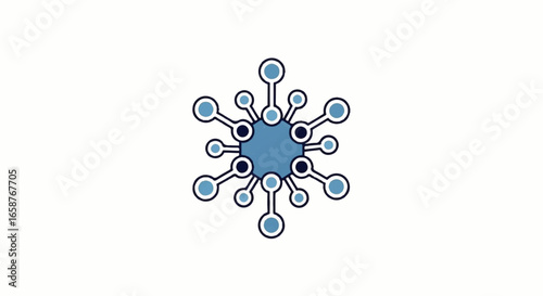 Stylized blue network hub icon with a central core and radiating connected circular nodes.