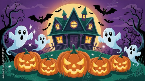Whimsical Halloween scene with haunted house and playful ghosts