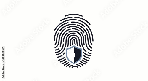 Stylized dark blue fingerprint icon with an integrated twotoned security shield symbol representing biometric identity protection.