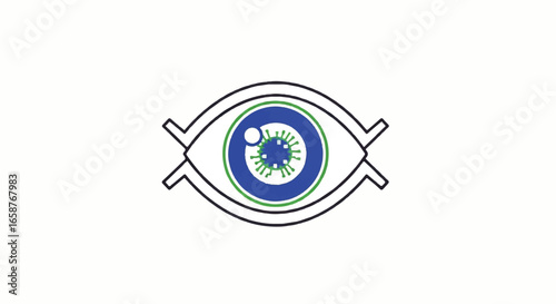 Stylized eye icon with a blue and green coronavirus cell as the pupil.