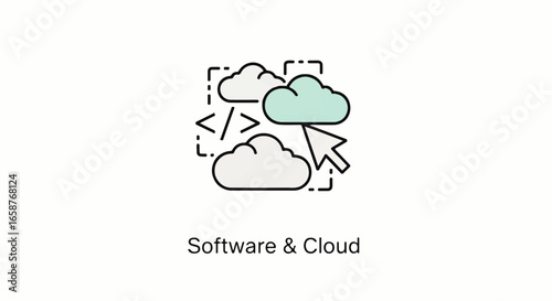 Stylized line icon for cloud software development with clouds code symbol and cursor.