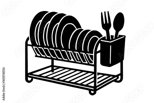 Organized Kitchen Dish Rack with Plates, Forks, and Spoons – Black and White Illustration for Home, Cleaning, and Culinary Designs.