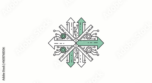 Stylized technological hub with outward arrows circuit lines and gears.