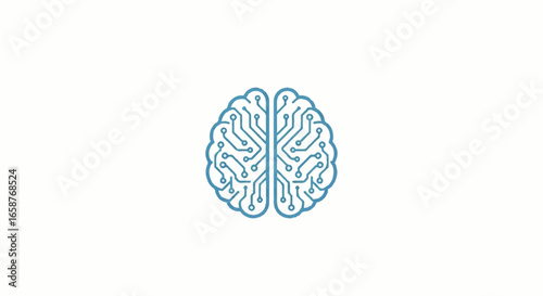 Symmetrical blue digital brain icon with electronic circuit board pathways representing artificial intelligence.