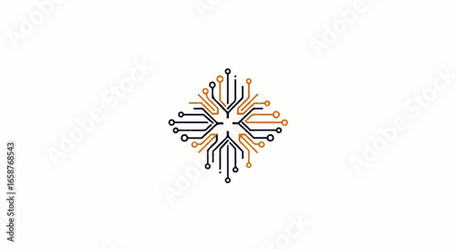 Symmetrical diamondshaped technology icon with branching gold and blue circuit board pathways.
