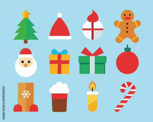 Vector art of christmas icons set with santa, gifts, tree, and gingerbread man