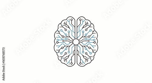 Symmetrical digital brain icon with intricate blue and black circuit board pathways representing artificial intelligence.