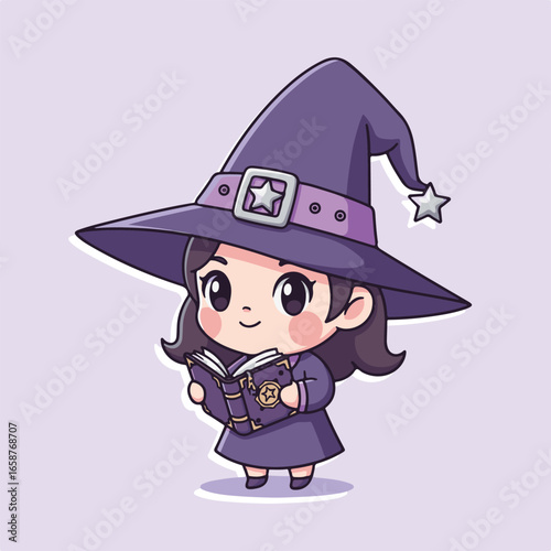A cute cartoon witch girl reading a magic book, wearing a hat with a star, an illustration of a young wizard character with a fantasy design, isolated on white background
