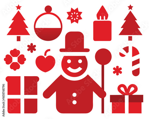 Vector art of red christmas icons set with santa, gifts, tree, candle and snowman