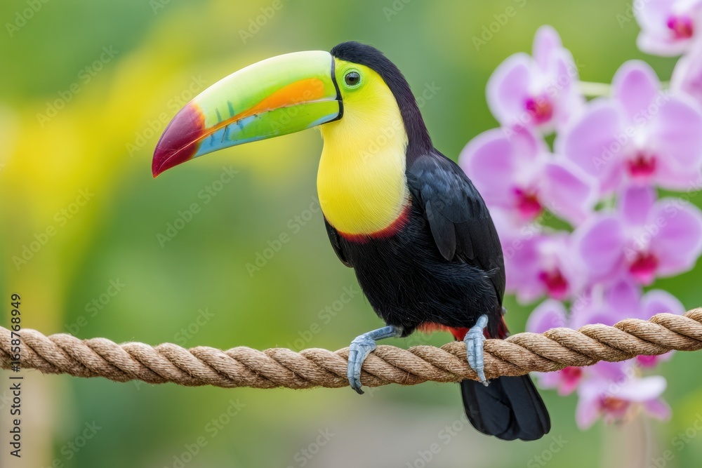 Fototapeta premium Keel-billed toucan perching on rope with orchids in background