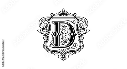 Vintage Letter D Monogram in an Ornate Shield with Baroque Floral Scrolls and Flourishes.