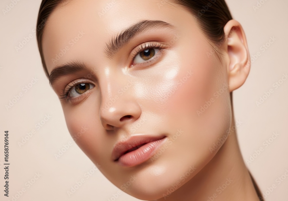 Fototapeta premium Woman face portrait close up with glowing clear skin and natural makeup on beige background