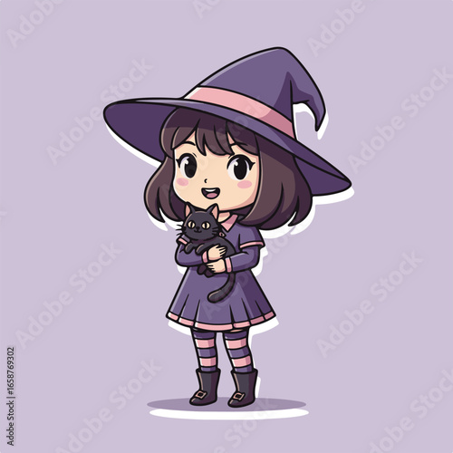 Cute witch girl with a black cat in her arms, wearing a purple dress and hat, cartoon character illustration for halloween celebration
