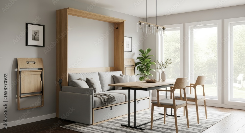 Fototapeta premium Bright Minimalist Studio Apartment Interior with a Sofa Bed, Dining Table, and Large Windows Overlooking Greenery