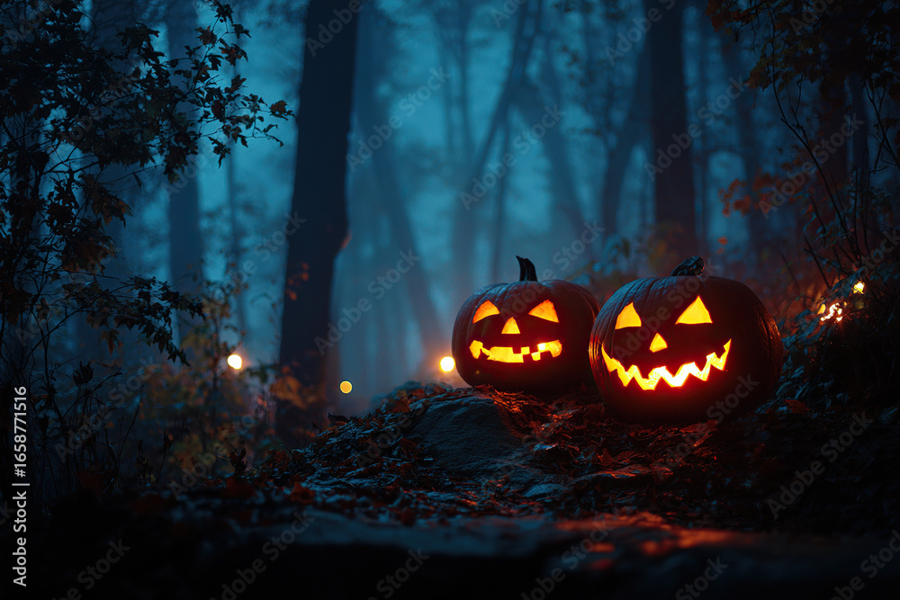 Fototapeta premium Two glowing jack-o'-lanterns are set in a misty, spooky forest, perfect for halloween
