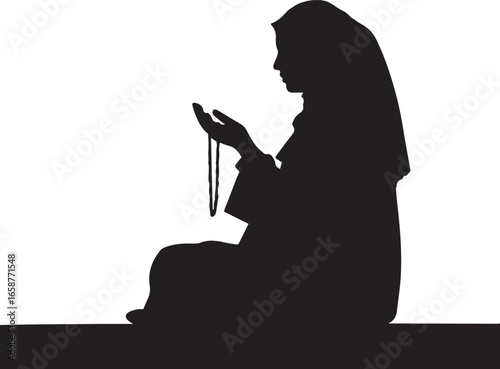Muslim Woman in Dua Supplication Silhouette Black and White Vector