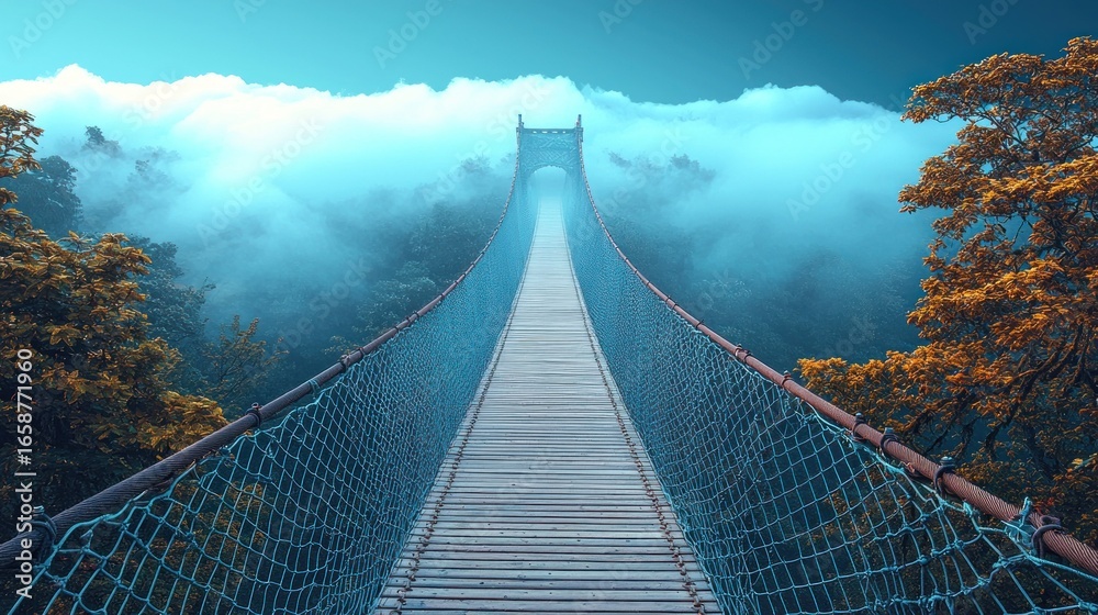 Obraz premium Misty Mountain Bridge: A Journey Through the Clouds