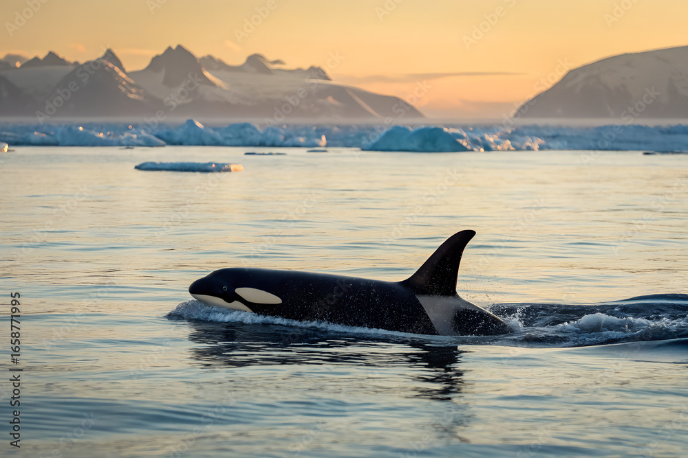 Obraz premium A majestic orca (killer whale) swims in the icy polar waters of Antarctica at sunset. A stunning wildlife scene with icebergs and snowy mountains. Generative Ai.