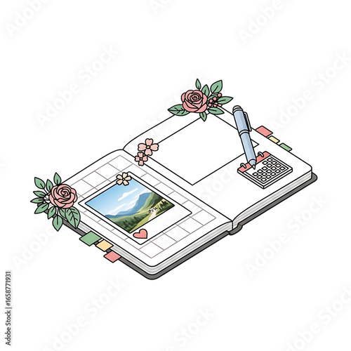Open book of memories with framed photograph.