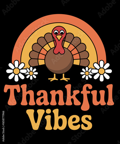 Retro Thankful Vibes Turkey Rainbow Funny Retro Thanksgiving