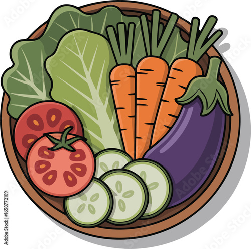 Flat cartoon illustrated wooden bowl of fresh vegetables from a top down view