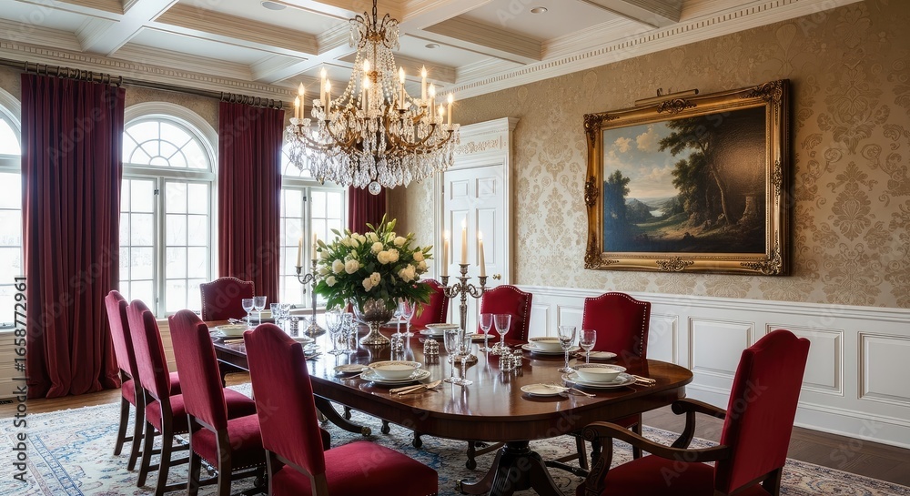 Fototapeta premium Luxurious classic dining room with a large wooden table, red upholstered chairs, and an ornate crystal chandelier, elegant home interior.