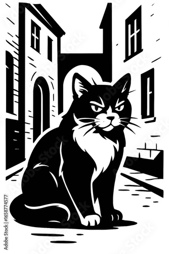Vector Illustration of a Stray Cat in a City Alley - A Symbol of Urban Wildlife and Street Life