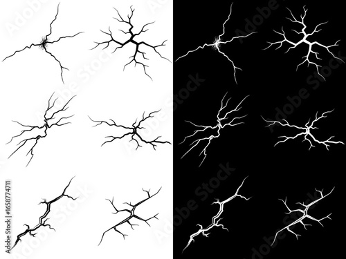 Cracked elements, isolated vector image, two design options on transparent and black backgrounds, pencil drawing, chalk drawing  