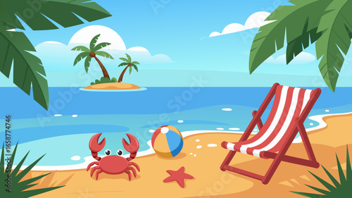 A vibrant cartoon beach scene with a crab, beach ball, starfish, and beach chair on the sand, with palm trees and a tropical island in the background