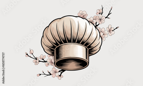 Elegant chef hat illustration with cherry blossom accents, a culinary symbol of refined taste and artistic presentation for food enthusiasts
