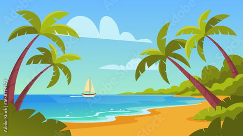 Tropical beach with palm trees, blue sea, and a sailboat sailing on the horizon, creating a serene and idyllic vacation landscape