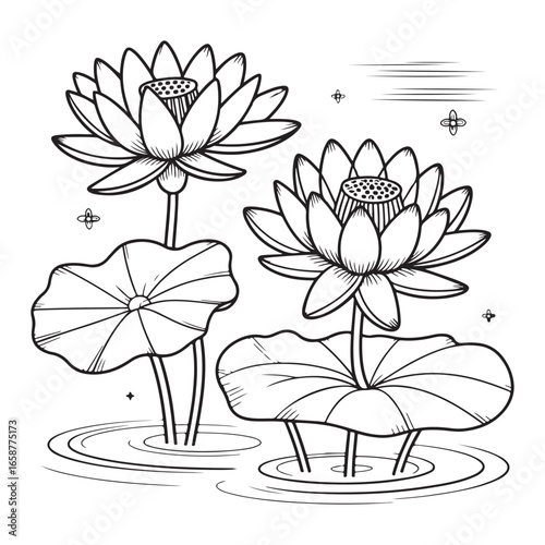 A serene and tranquil black and white drawing of lotus flowers on a pond, surrounded by calm waters and clouds, perfect for stress-relieving designs.