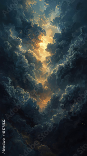 Wallpaper Mural Golden Light Piercing Dark Clouds: Dramatic, Hopeful, Fantasy Cloudscape Digital Painting Torontodigital.ca