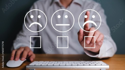 A customer selects a sad face icon to submit negative feedback on a digital satisfaction survey